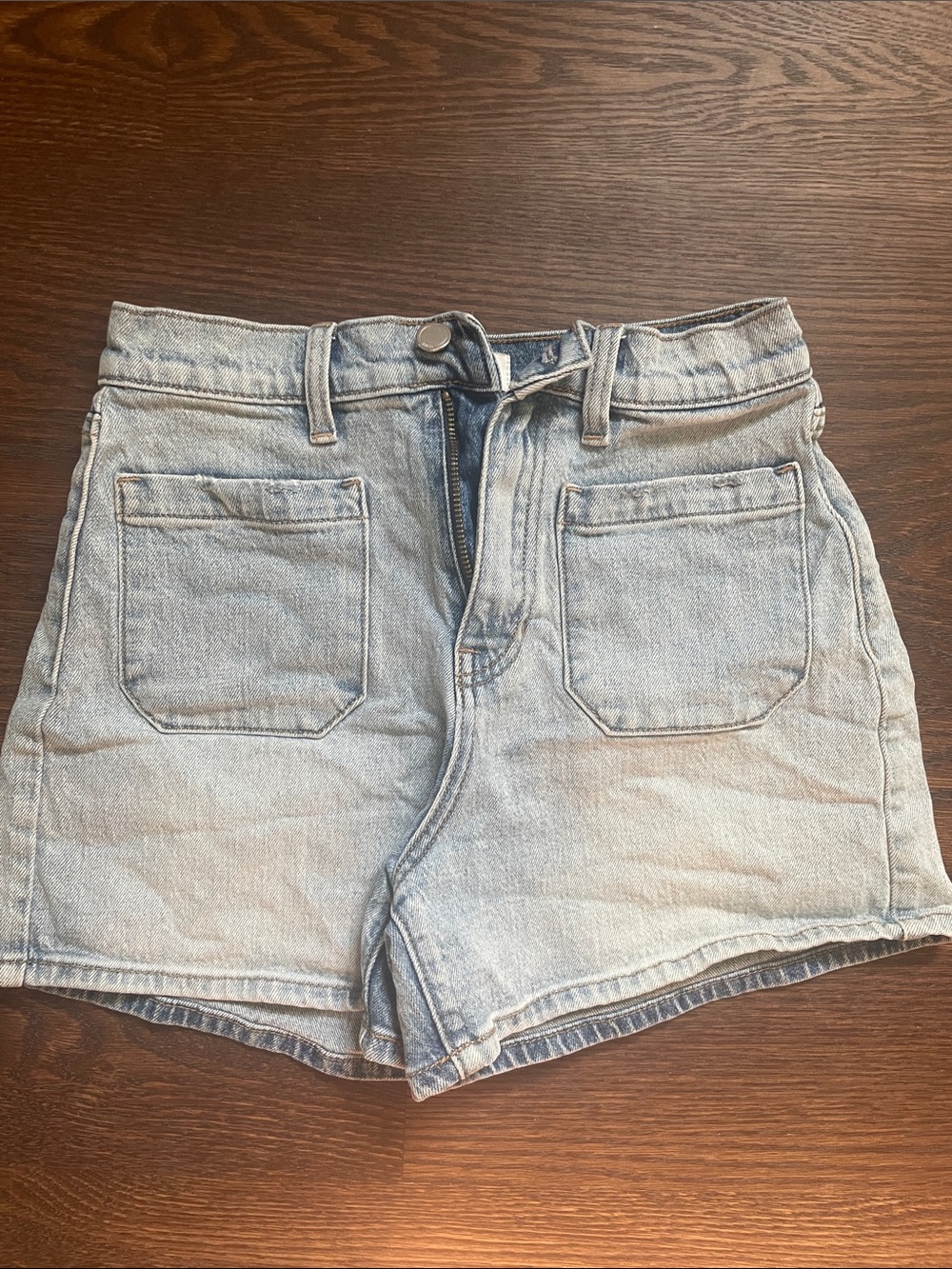 High-Rise Light Blue Denim Jean Shorts with Front Patch Pockets